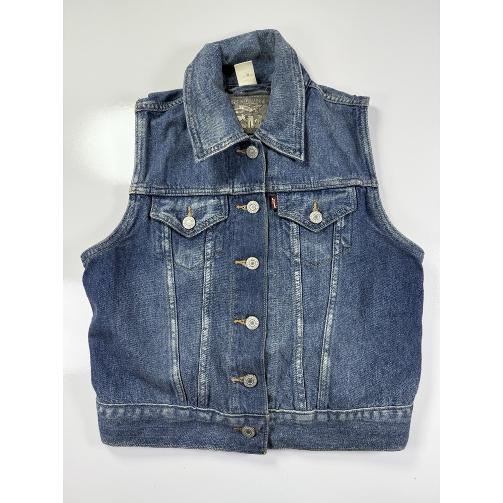 LEVI'S Denim Vest Jacket XS Jean Blue Sleeveless Trucker Button Front Vintage